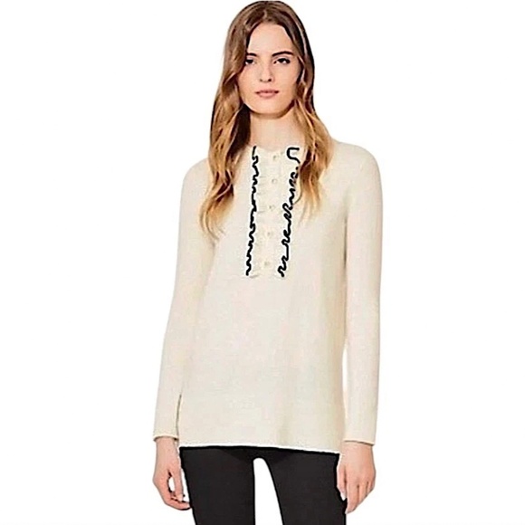 TORY BURCH Emily Cashmere Pullover Sweater Ruffle Pearl Buttons - Picture 1 of 12